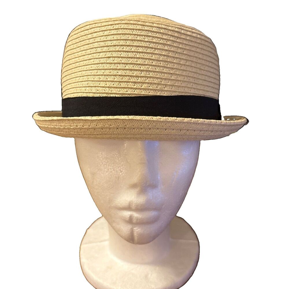 NWT Women's Small Charming Charlie Tan Woven Straw Fedora Hat W/ Black Band